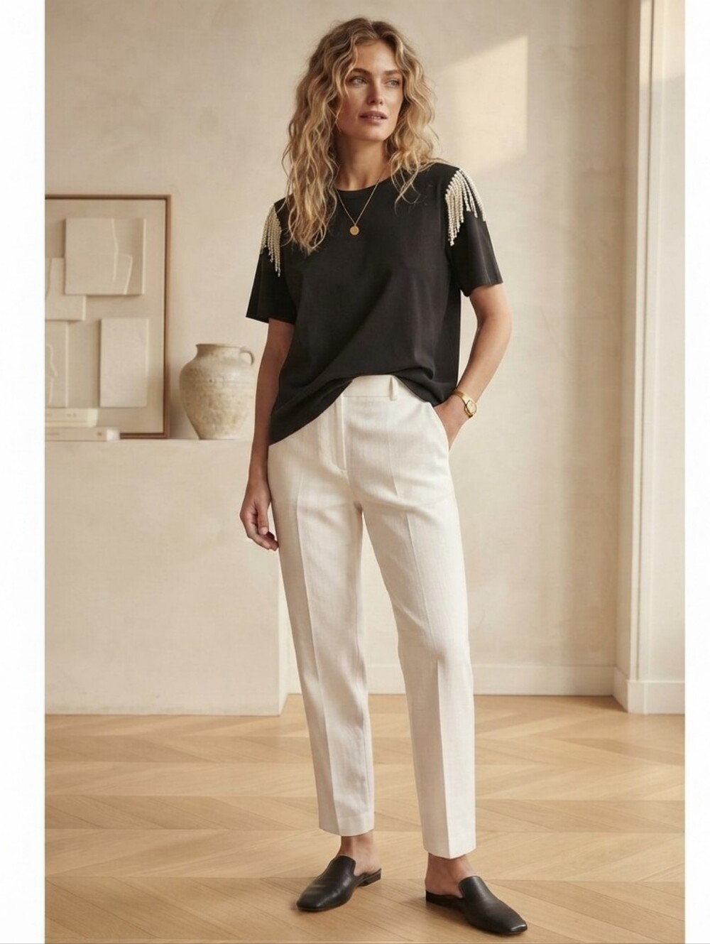 NWT Jolie Black Short Sleeve Top with Pearl Detail - Picture 7 of 8